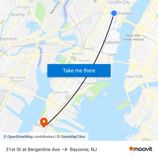 31st St at Bergenline Ave to Bayonne, NJ map