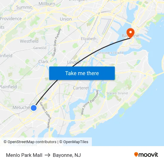 Menlo Park Mall to Bayonne, NJ map