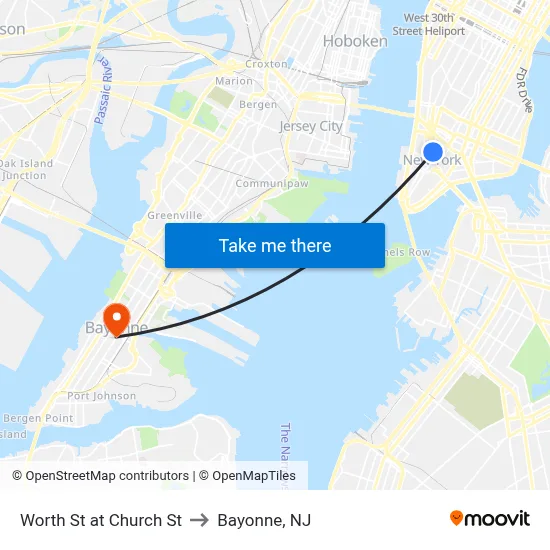 Worth St at Church St to Bayonne, NJ map