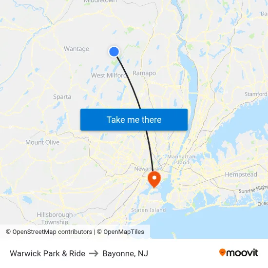 Warwick Park & Ride to Bayonne, NJ map