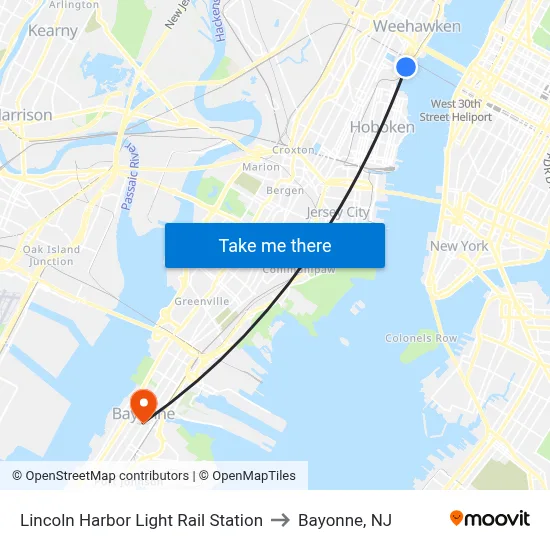 Lincoln Harbor Light Rail Station to Bayonne, NJ map