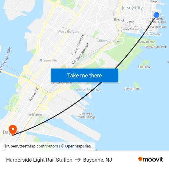 Harborside Light Rail Station to Bayonne, NJ map
