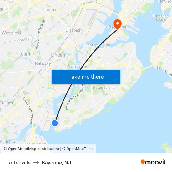 Tottenville to Bayonne, NJ map