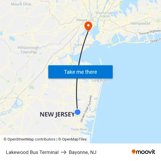 Lakewood Bus Terminal to Bayonne, NJ map