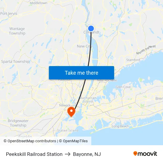 Peekskill Railroad Station to Bayonne, NJ map
