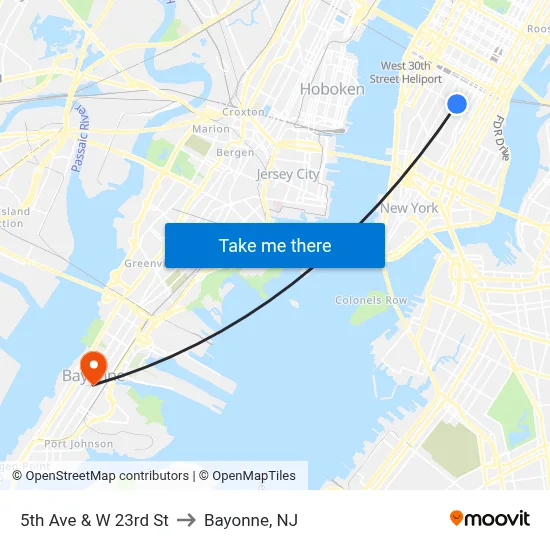 5th Ave & W 23rd St to Bayonne, NJ map