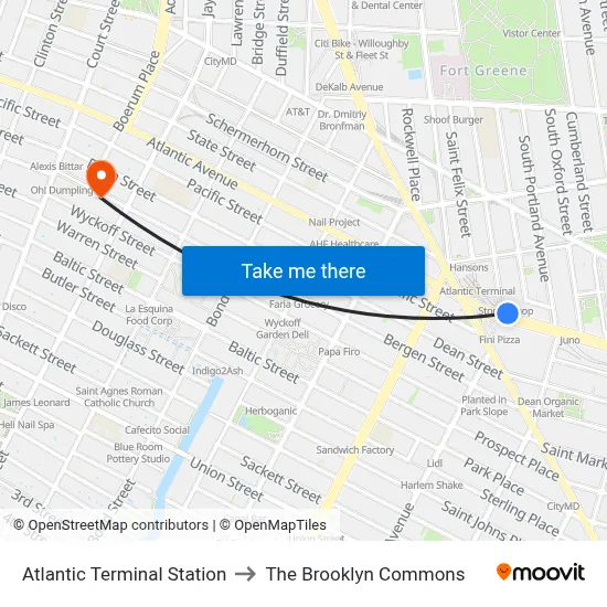 Atlantic Terminal Station to The Brooklyn Commons map