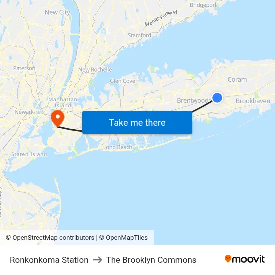 Ronkonkoma Station to The Brooklyn Commons map
