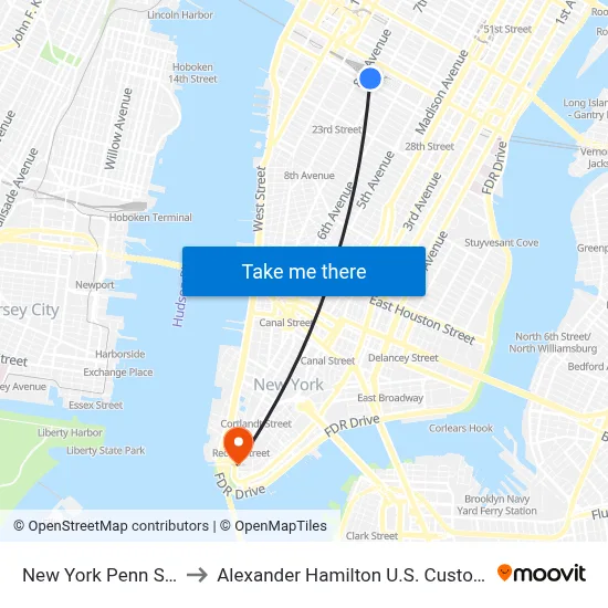 New York Penn Station to Alexander Hamilton U.S. Custom House map