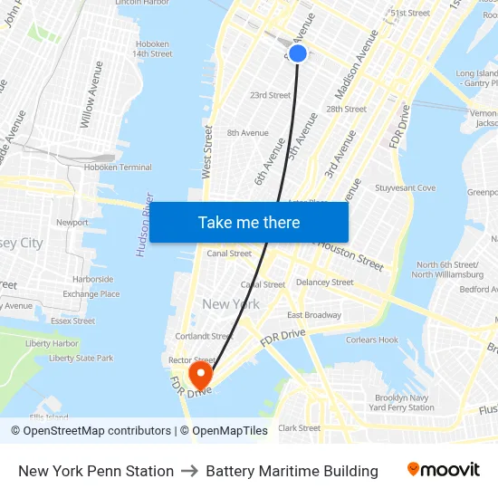 New York Penn Station to Battery Maritime Building map