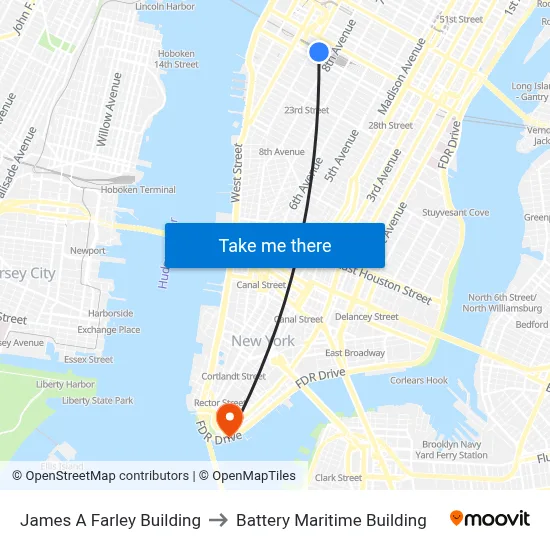 James A Farley Building to Battery Maritime Building map