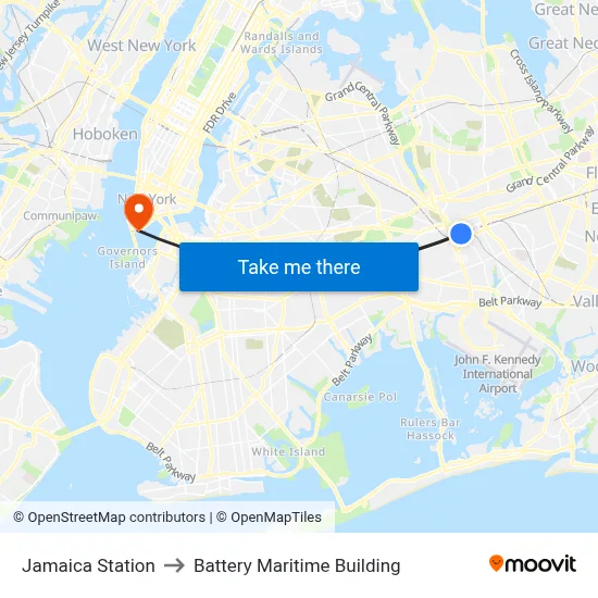 Jamaica Station to Battery Maritime Building map