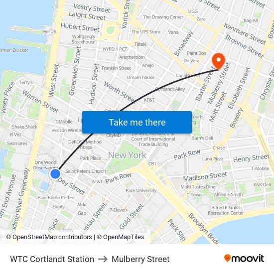 WTC Cortlandt Station to Mulberry Street map