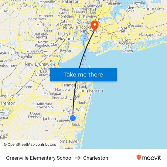 Greenville Elementary School to Charleston map