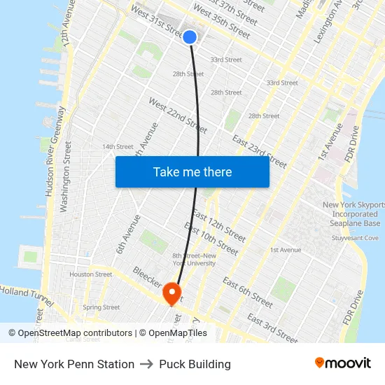New York Penn Station to Puck Building map