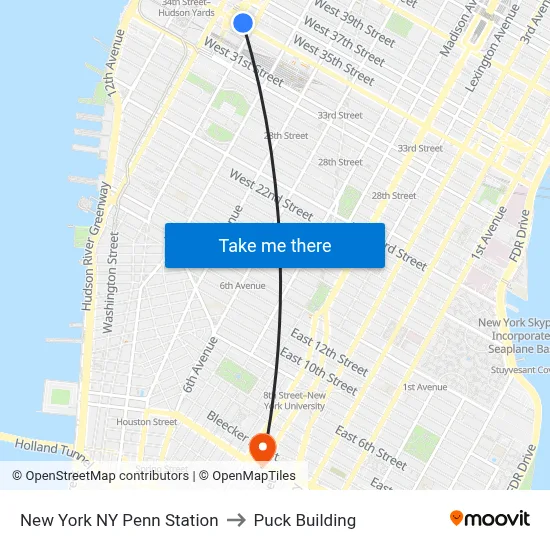New York NY Penn Station to Puck Building map