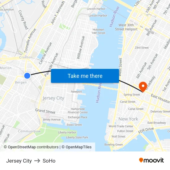 Jersey City to SoHo map