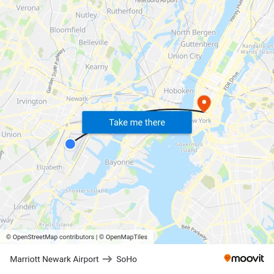 Marriott Newark Airport to SoHo map