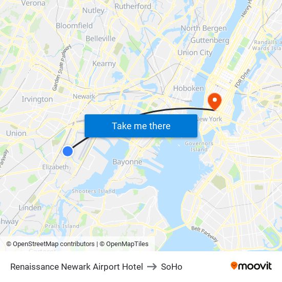 Rennaissance Newark Airport to SoHo map