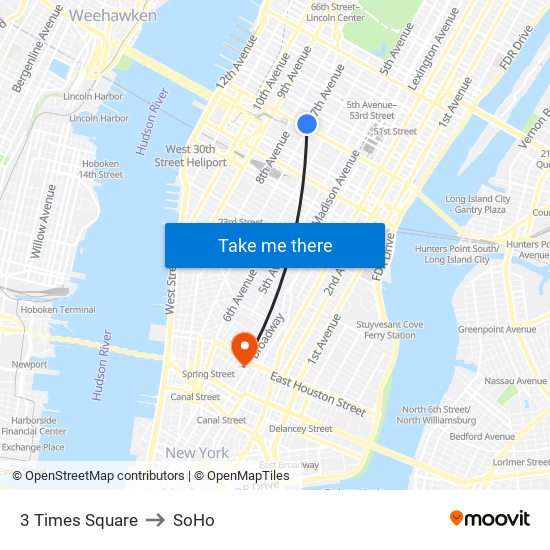 3 Times Square to SoHo map