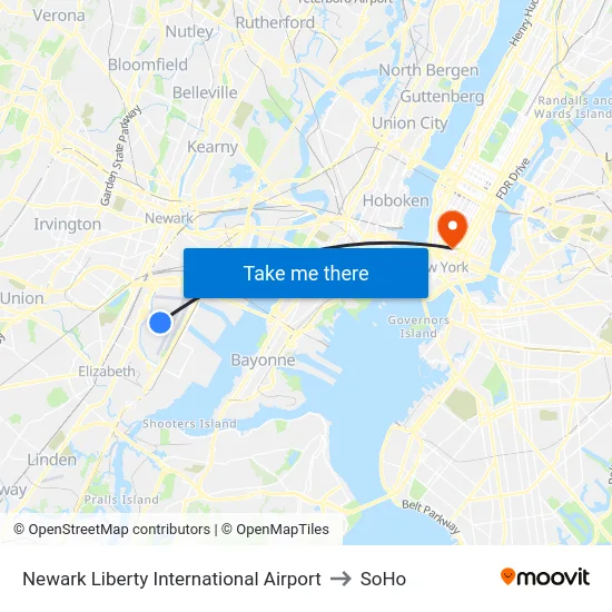 Newark Liberty International Airport to SoHo map