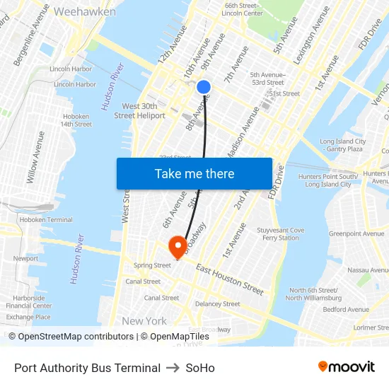Port Authority Bus Terminal to SoHo map