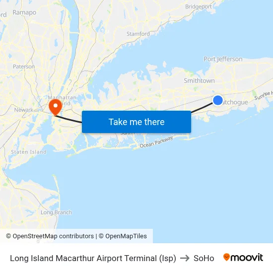 Long Island Macarthur Airport Terminal (Isp) to SoHo map