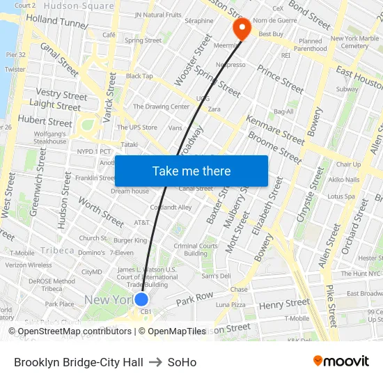 Brooklyn Bridge-City Hall to SoHo map