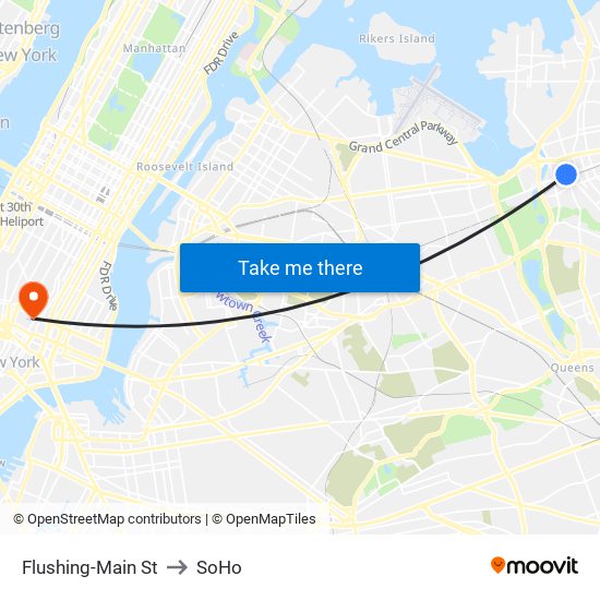 Flushing-Main St to SoHo map