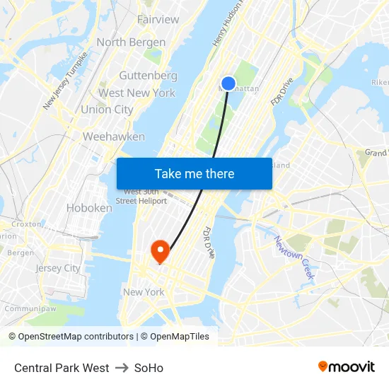 Central Park West to SoHo map