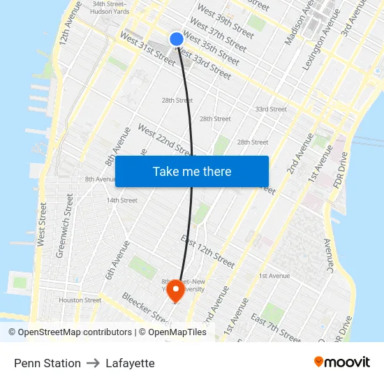 Penn Station to Lafayette map