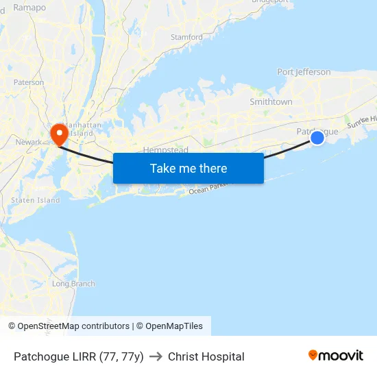 Patchogue LIRR (77, 77y) to Christ Hospital map