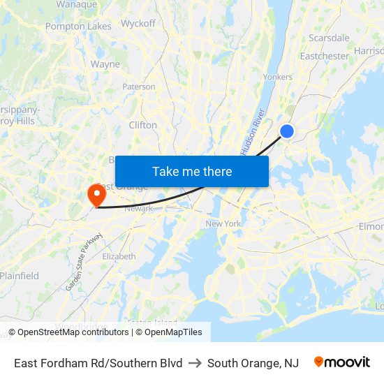 East Fordham Rd/Southern Blvd to South Orange, NJ map