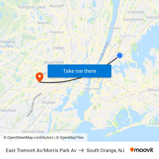 East Tremont Av/Morris Park Av to South Orange, NJ map