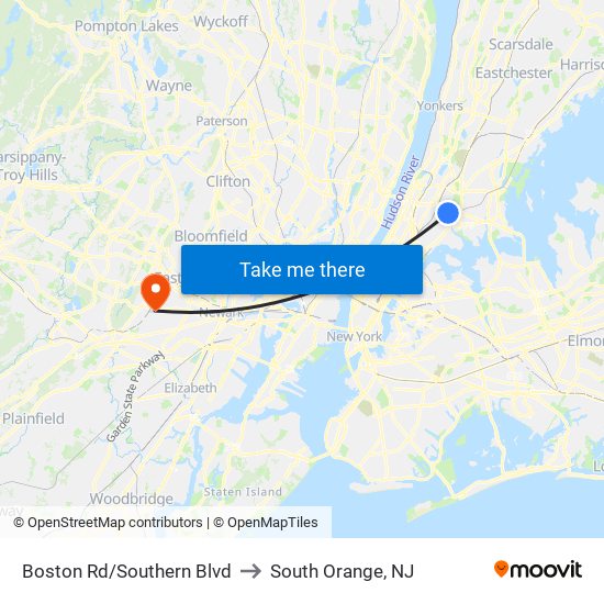 Boston Rd/Southern Blvd to South Orange, NJ map