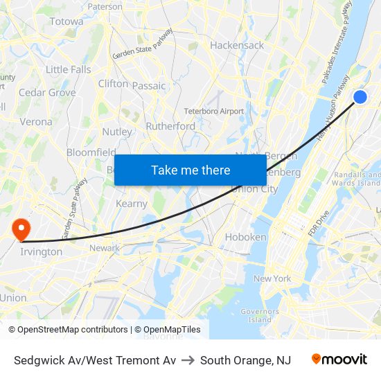 Sedgwick Av/West Tremont Av to South Orange, NJ map