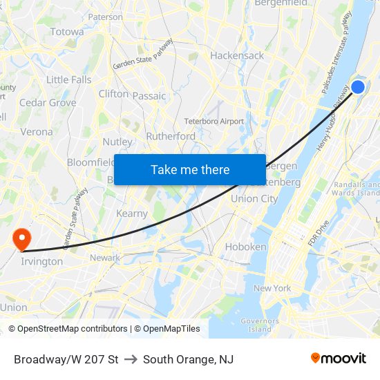 Broadway/W 207 St to South Orange, NJ map