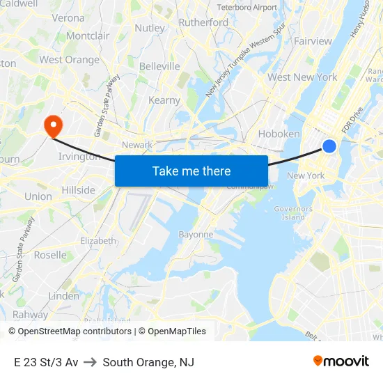 E 23 St/3 Av to South Orange, NJ map