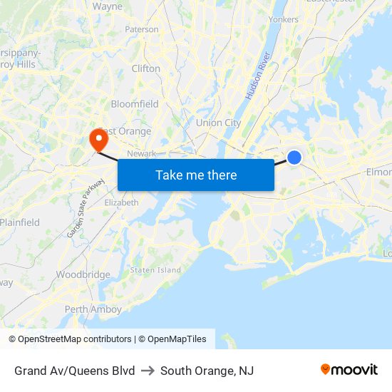Grand Av/Queens Blvd to South Orange, NJ map