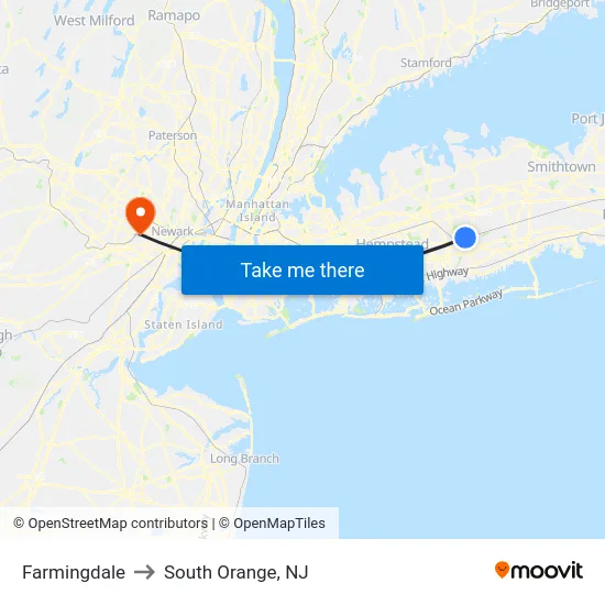 Farmingdale to South Orange, NJ map