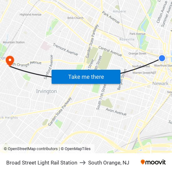 Broad Street Light Rail Station to South Orange, NJ map