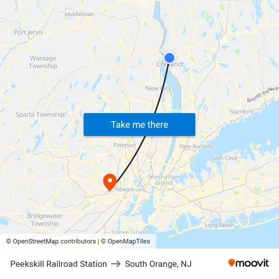 Peekskill Railroad Station to South Orange, NJ map