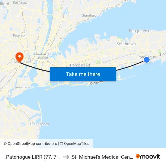Patchogue LIRR (77, 77y) to St. Michael's Medical Center map