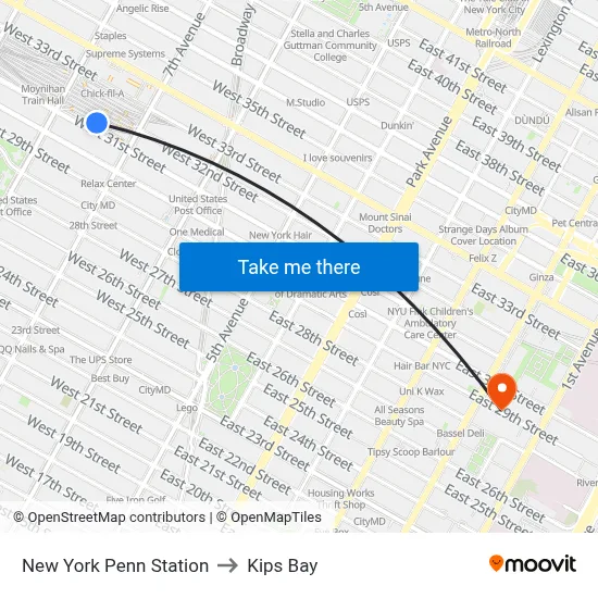 New York Penn Station to Kips Bay map