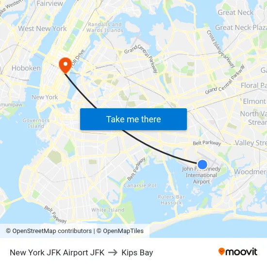 New York JFK Airport JFK to Kips Bay map