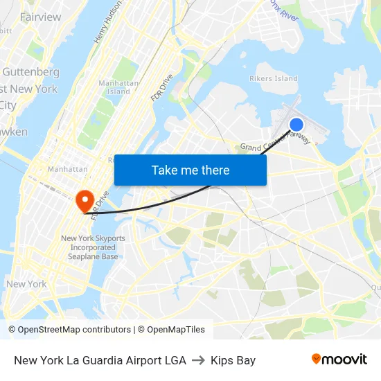New York La Guardia Airport LGA to Kips Bay map