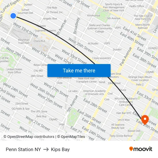 Penn Station NY to Kips Bay map