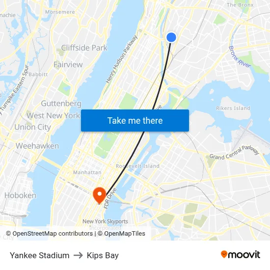 Yankee Stadium to Kips Bay map