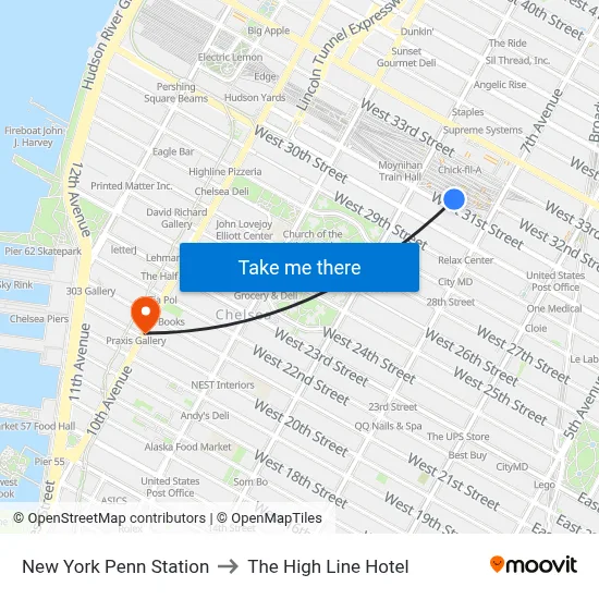 New York Penn Station to The High Line Hotel map