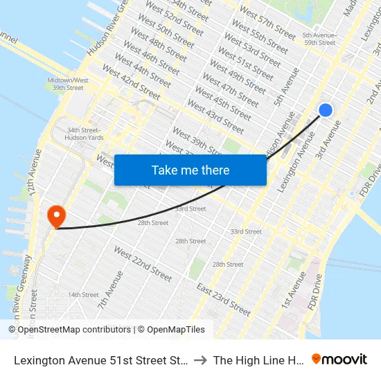 Lexington Avenue 51st Street Station to The High Line Hotel map